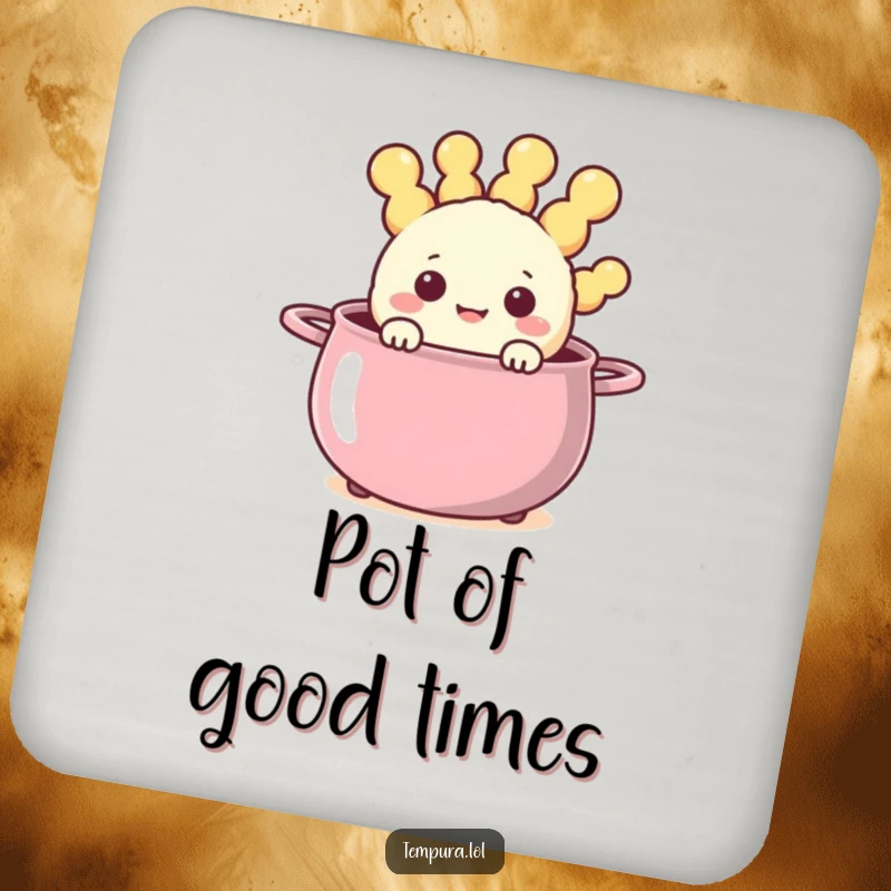 Funny happy tempura character peeking out from a steaming, cheerful pot on a drink coaster, adding a touch of fun.