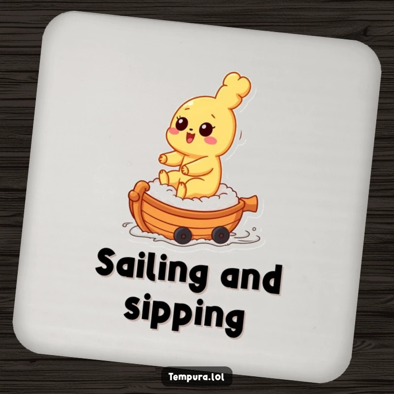 Funny tempura character riding a small sushi boat on drink coasters, bringing food-themed fun to your table.