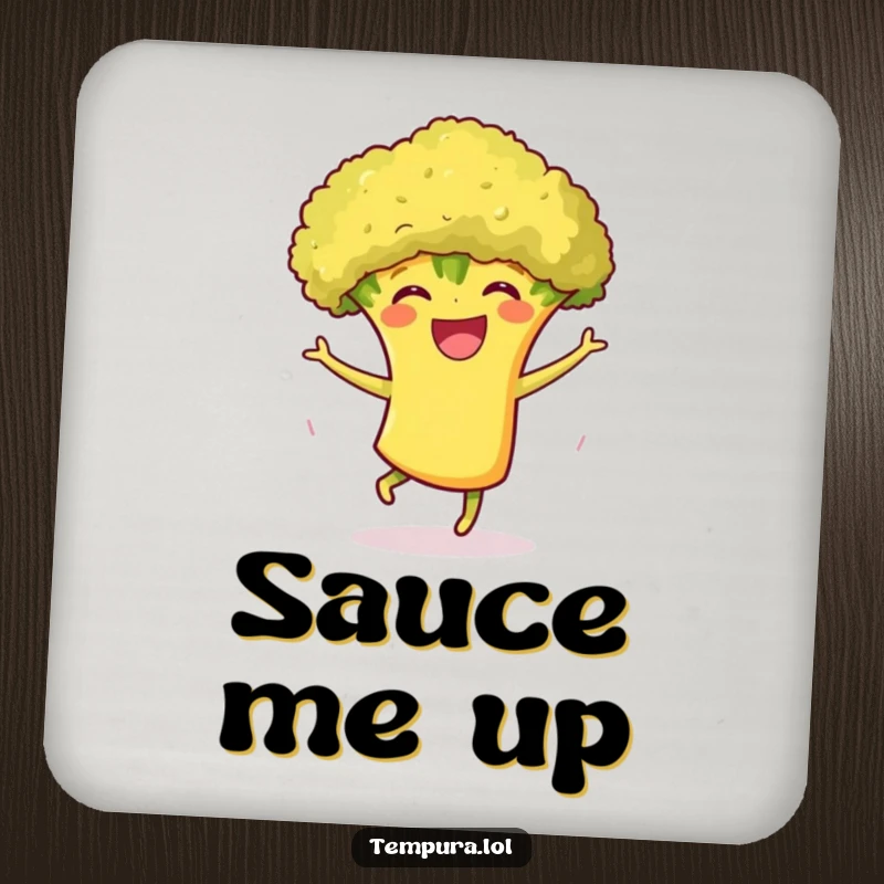 Funny Tempura Broccoli Dance Coaster: A grinning tempura broccoli mid-dance, protecting surfaces with a humorous and cheerful vibe.