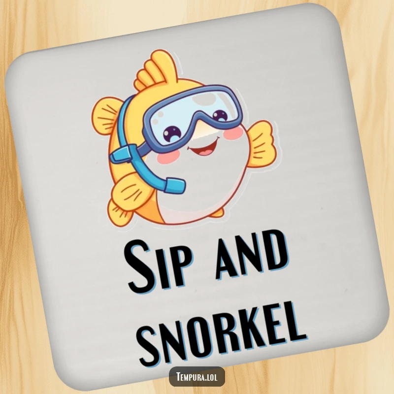 Funny tempura fish character in a tiny snorkel, smiling, protecting surfaces with this humorous drink coaster, a funny gift.