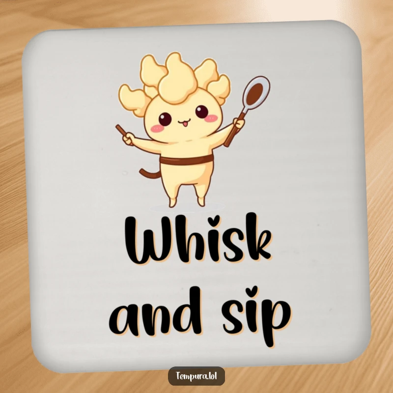 Funny Tempura Coasters: An anthropomorphic fried food character juggling a whisk and spoon, protecting surfaces with a humorous and kitchen-themed design.