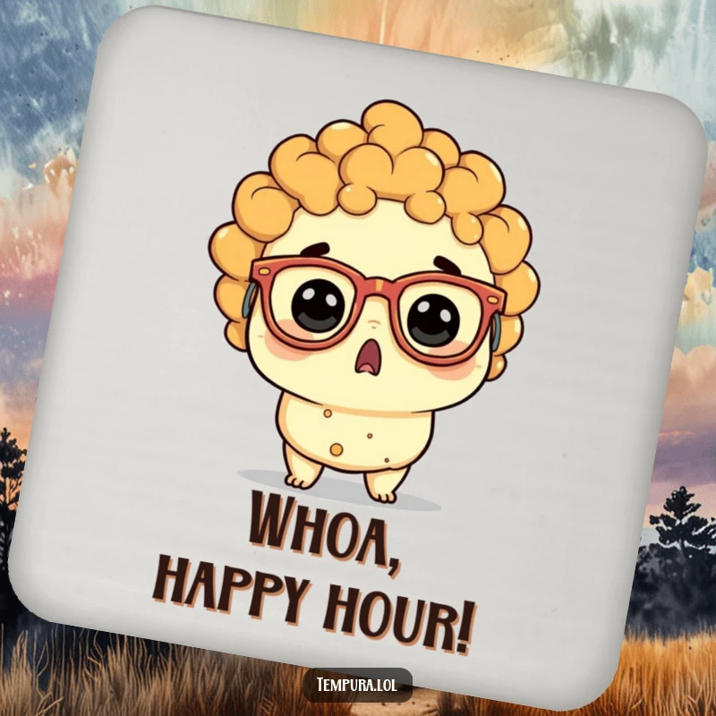 Funny tempura character with oversized, funny glasses, wide-eyed in comical surprise, a humorous drink coaster.