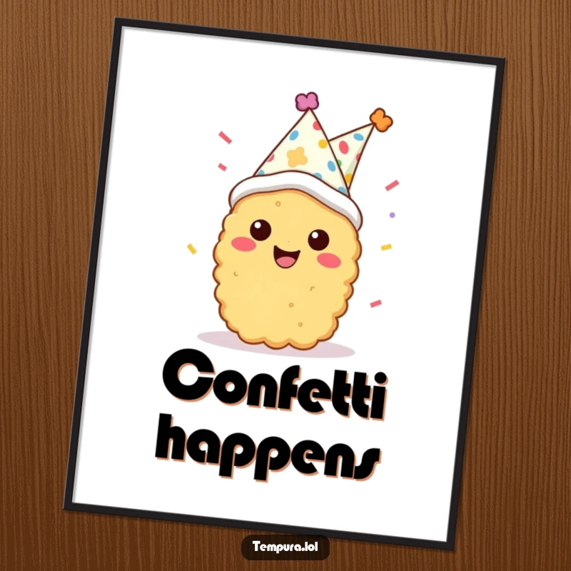 Funny tempura character in a party hat with confetti, smiling exuberantly on a vibrant poster, bringing festive cheer to any wall.