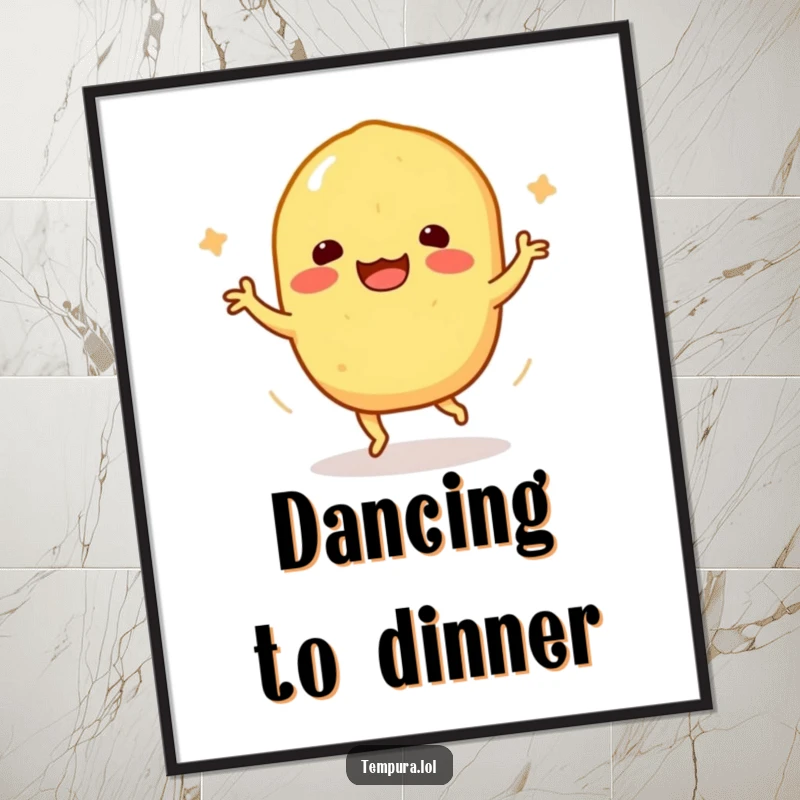 Funny Tempura Sweet Potato Poster: A golden tempura sweet potato character performs a lively, funny happy dance on a white background.