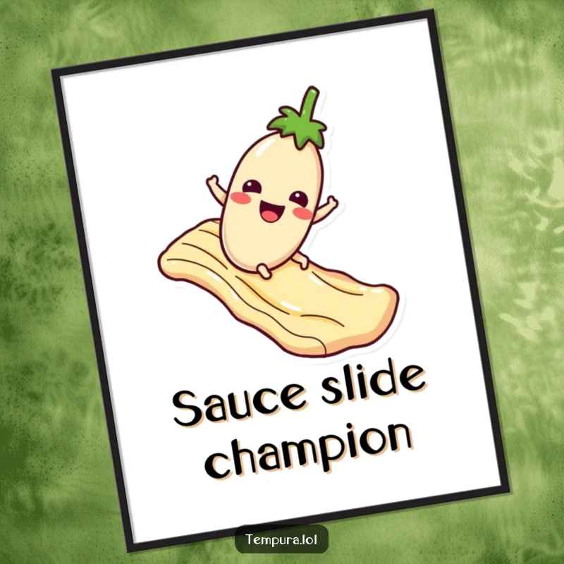 Funny Poster: A happy tempura eggplant sliding down a wavy sauce slide, creating a humorous and appetizing piece of wall art.
