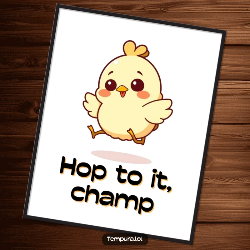 Funny poster of a giggling chicken tempura character performing a silly, exaggerated hop, bringing amusement to walls.