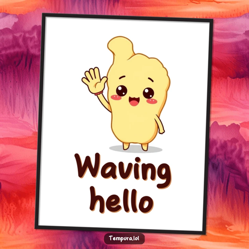 Funny tempura character in a dynamic pose, enthusiastically waving a hello, vibrant wall art for a happy home.