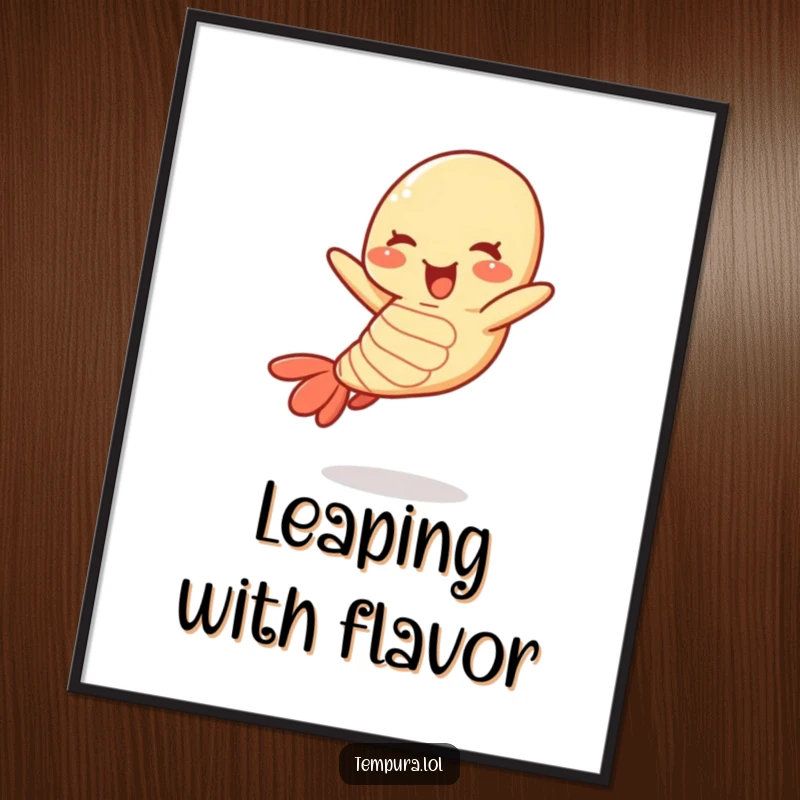 Funny tempura shrimp poster depicting a cheerful shrimp character joyfully mid-air in a playful jump.