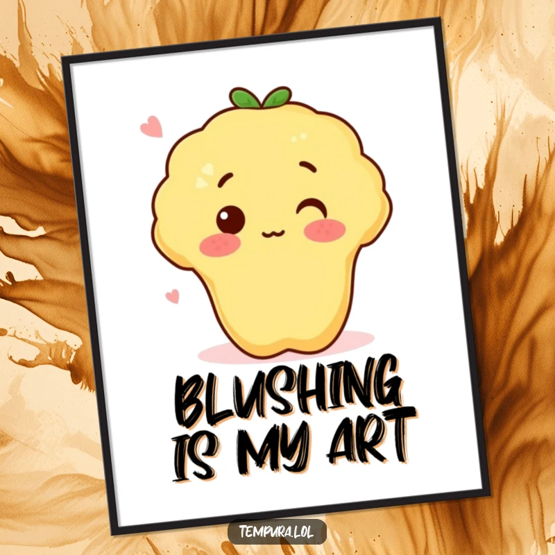 Funny tempura sweet potato with a surprised blush, presented as whimsical wall art for a cheerful and humorous atmosphere.