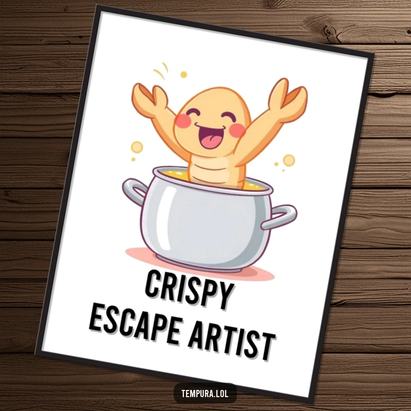 Funny tempura shrimp character joyfully leaping out of a cooking pot, displayed as exciting wall art.