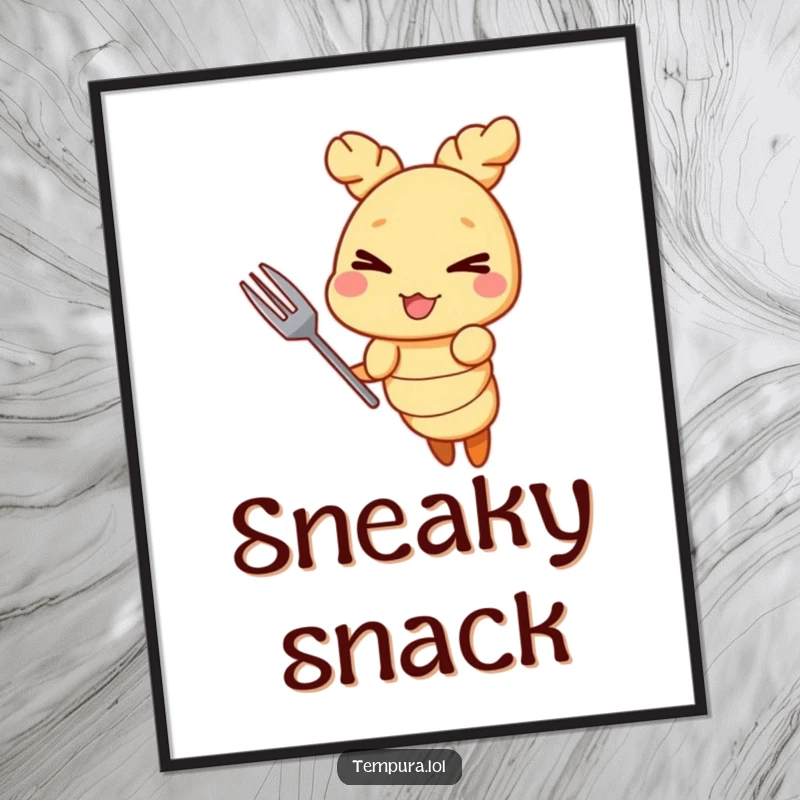 Funny Tempura Shrimp Wink Poster: A mischievous tempura shrimp character winking, holding a tiny fork, adding a humorous and playful touch to wall decor.