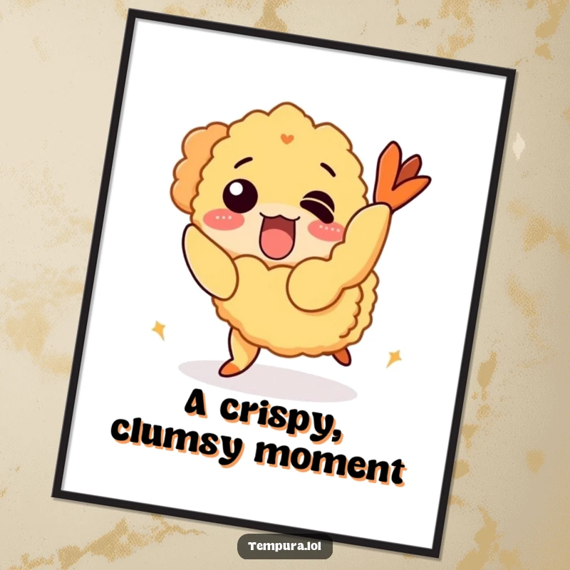Funny Poster showcasing a funny tempura shrimp character comically tripping due to its own crispy coating.