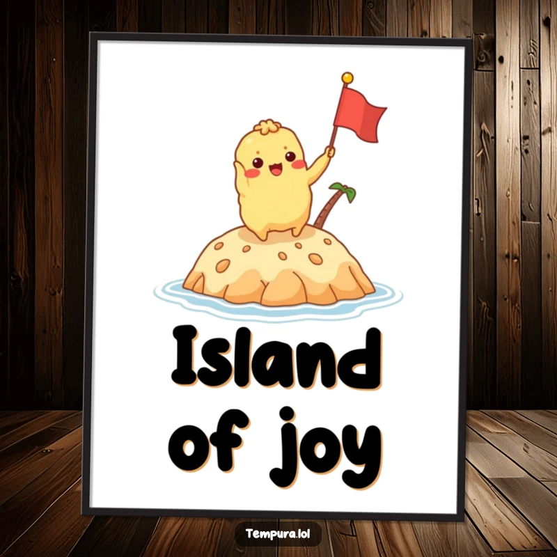 Funny tempura character excitedly waving a tiny flag on a delicious island on a poster, evoking tropical paradise.