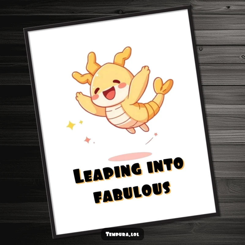 Funny poster depicting a crispy tempura shrimp leaping with joy, leaving a trail of sparkles, adding a playful touch to any room.