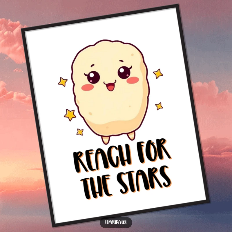 Funny Poster showcasing a smiling tempura figure adorably juggling a handful of small, bright stars.