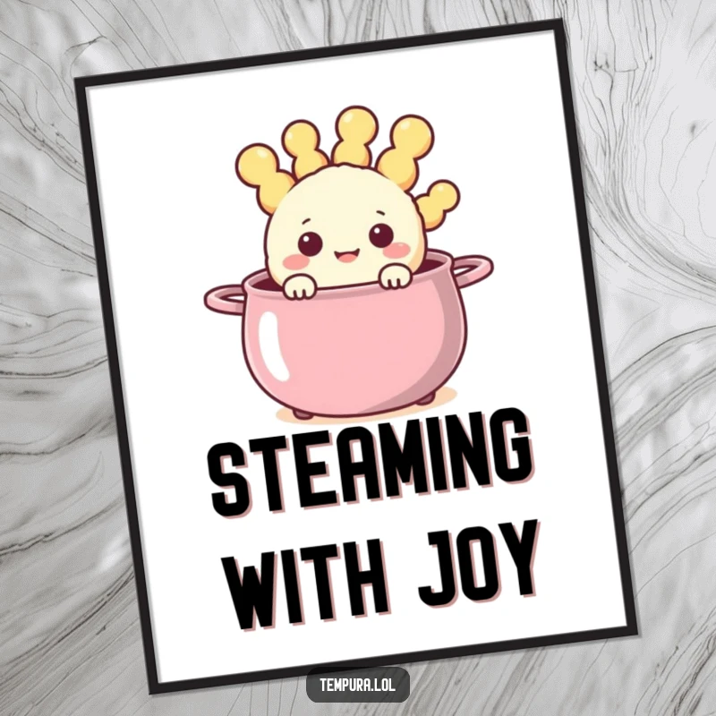 Funny happy tempura character peeking out from a steaming, cheerful pot on a poster, evoking warmth and joy.