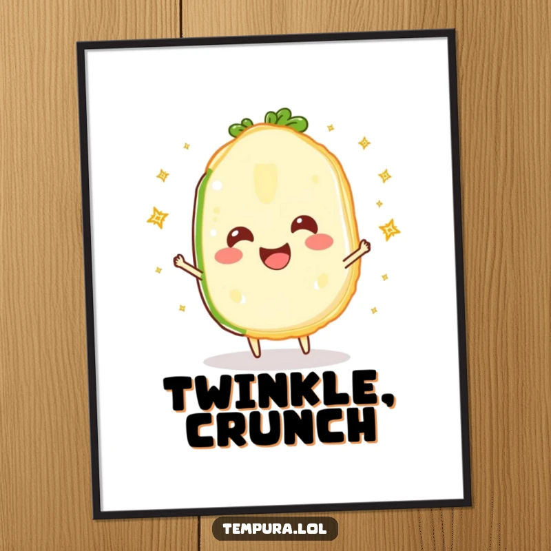 Funny Sparkling Veggie Slice Poster: A happy tempura vegetable slice in mid-juggle with sparkling lights, creating a humorous and delightful visual.