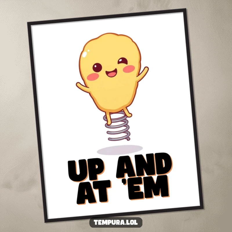 Funny Tempura Poster: A smiling piece of tempura with legs on a spring, depicted in a joyful bouncing motion for a lively feel.