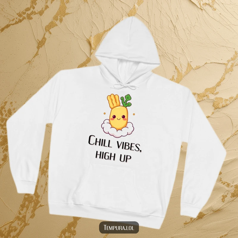 Funny Hoodie depicting a smiling tempura vegetable character gently floating on a soft cloud.