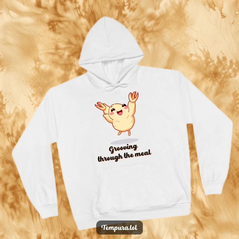 Funny Dancing Shrimp Hoodie: A piece of tempura shrimp with tiny legs joyfully dances, embodying a funny and whimsical vibe.