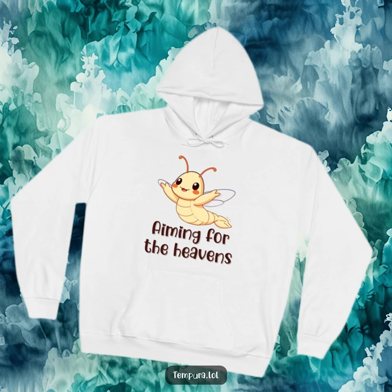 Funny Flying Tempura Shrimp Hoodie, depicted trying to fly, offering warmth and a humorous reminder to pursue your goals.