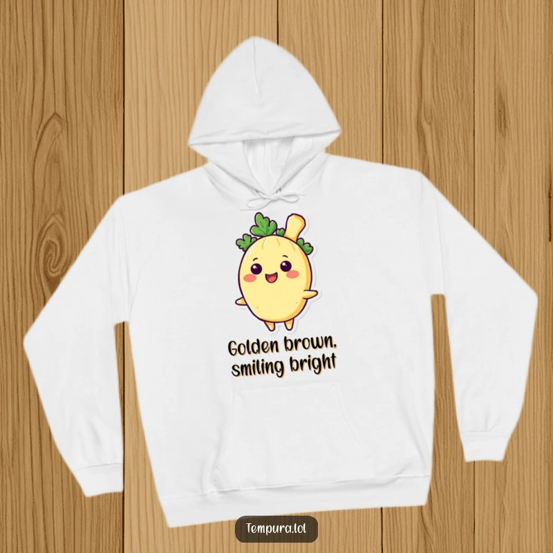 Funny Tempura Vegetable Hoodie, showing a character with a big, happy smile, perfect for cozy days and cheerful vibes.