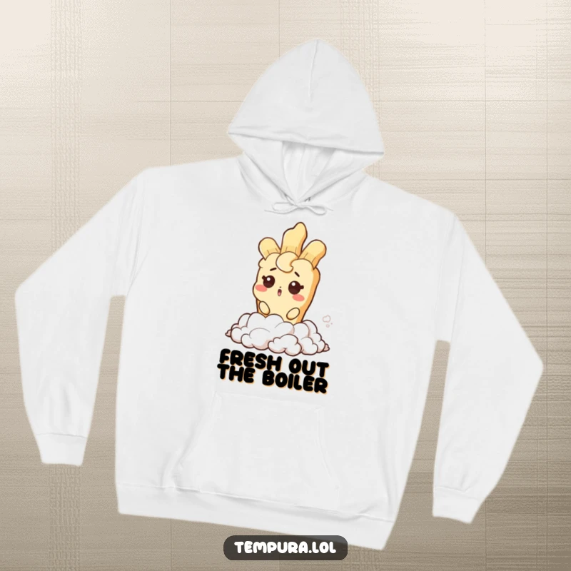 Funny hoodie showing a tempura character with a surprised wink emerging from steam, perfect for a cozy and humorous gift.