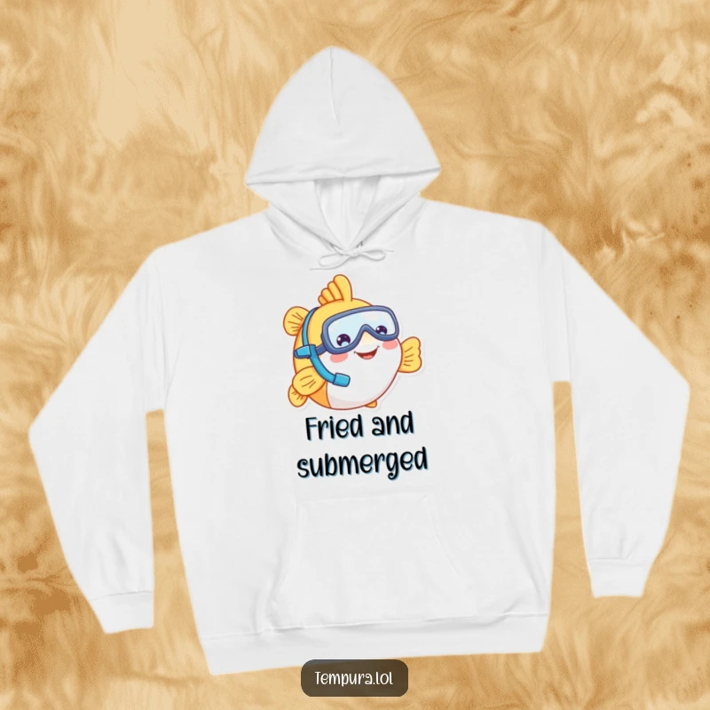 Funny tempura fish character in a tiny snorkel and mask, smiling underwater, perfect for a cozy and funny hoodie gift.