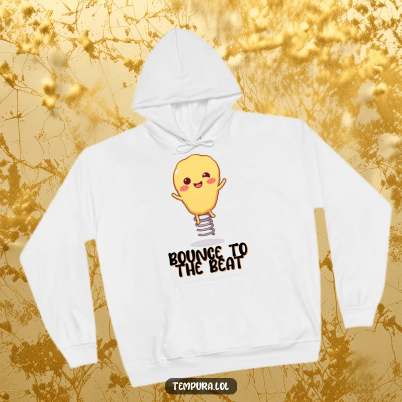 Funny Tempura Hoodie: A smiling tempura dish with spring-loaded legs, depicted in a cheerful bouncing motion, bringing fun and comfort.
