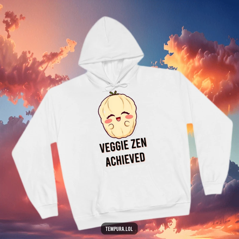Funny vegetable tempura hoodie featuring a happy tempura vegetable with eyes closed in blissful glee.
