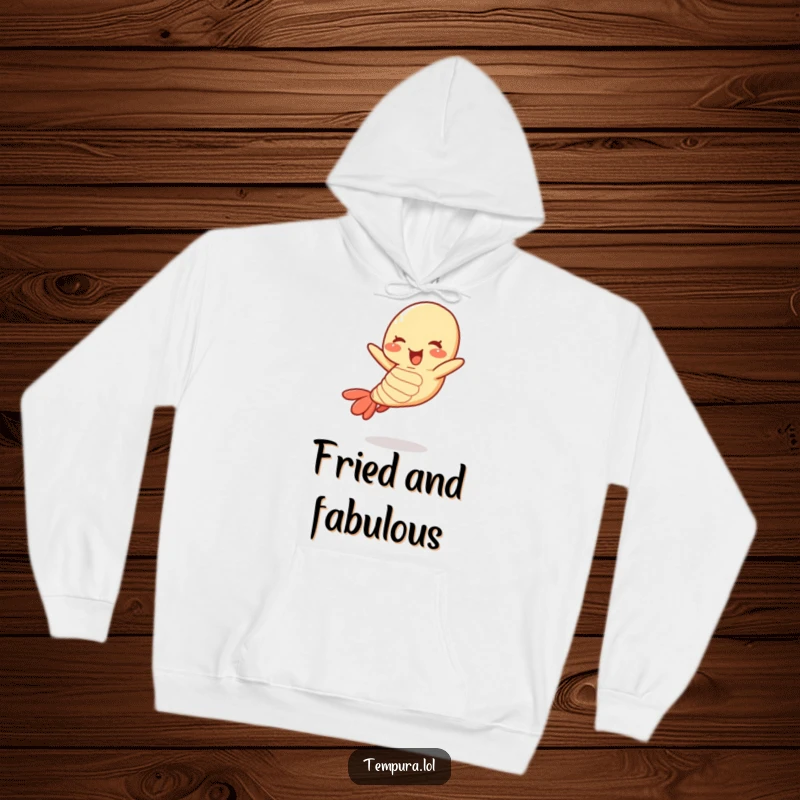 Funny tempura shrimp hoodie showing a cheerful, jumping shrimp character, designed for ultimate comfort and laughs.