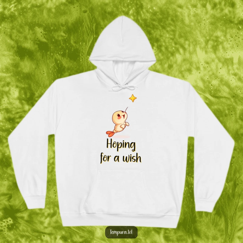 Funny hoodie featuring a surprised tempura shrimp character gazing upwards at a falling star, perfect for cozy contemplation.