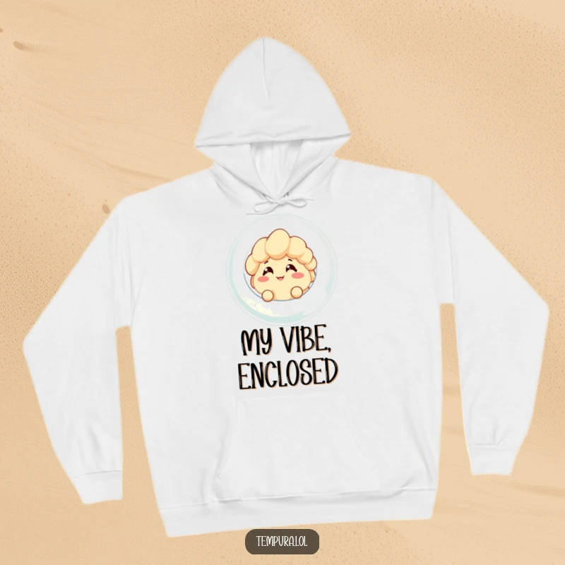 Funny hoodie showcasing a tempura character with a cheeky grin, emerging from a giant bubble, ideal for a humorous and warm gift.