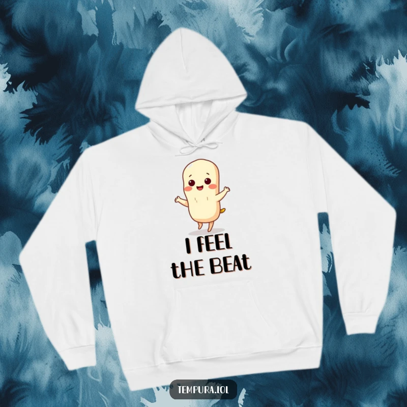 Funny tempura hoodie showcasing a smiling tempura character in the midst of a delightful and tiny silly dance, radiating pure joy.