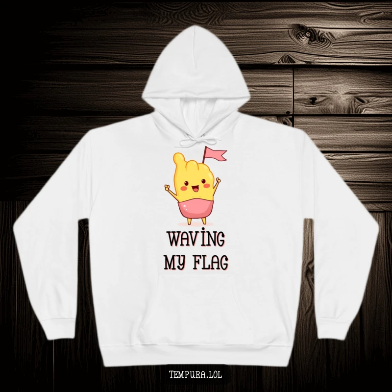Funny Tempura Hoodie depicting a tempura piece enthusiastically waving a small flag, offering warmth and a festive food theme.