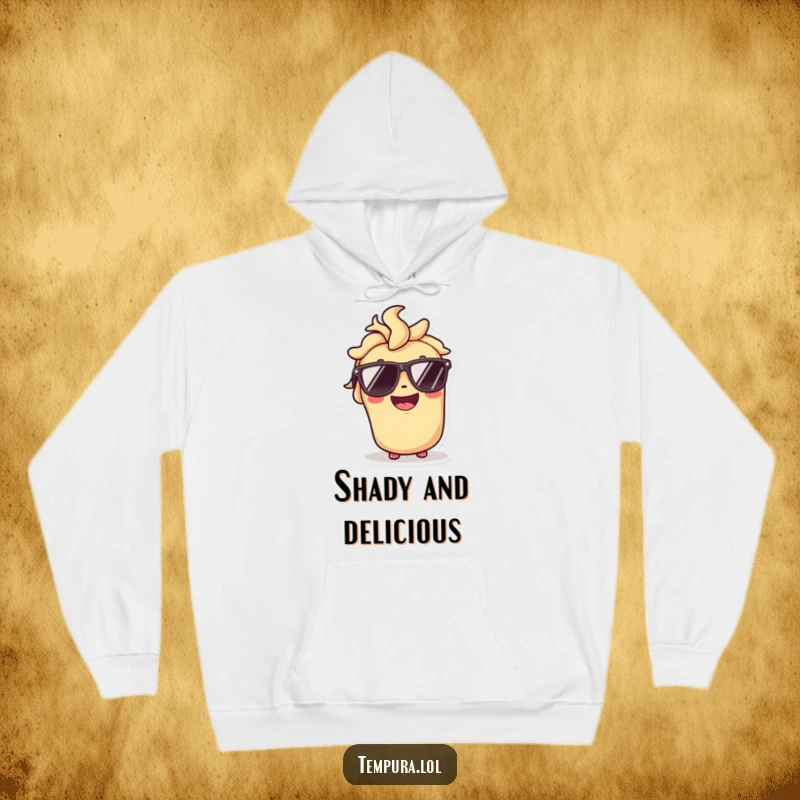 Funny hoodie with a tempura roll character sporting sunglasses and a wide grin, radiating cool confidence.