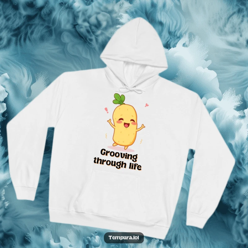 Funny Wiggling Veggie Hoodie: A happy tempura vegetable character wiggles, offering warmth and a dose of delightful humor.