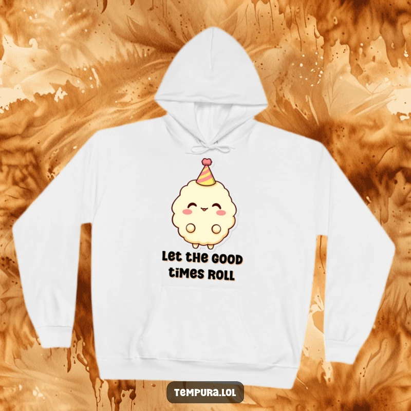 Funny Hoodie: A crispy tempura character dons a small party hat, ready for any humorous celebration with style.