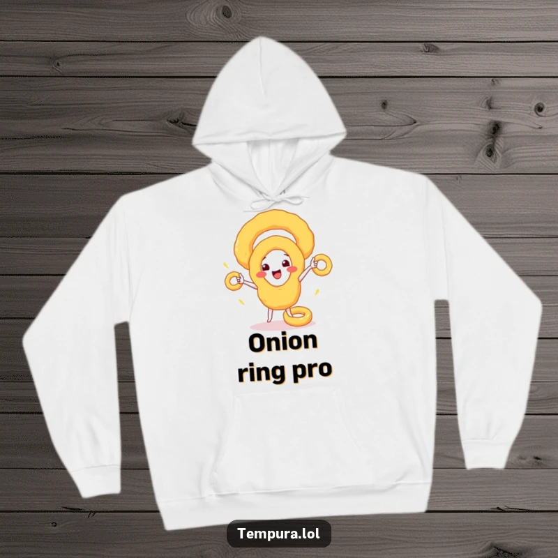 Funny Hoodie: A cheerful tempura onion ring character juggling smaller rings, offering cozy and delicious humor.