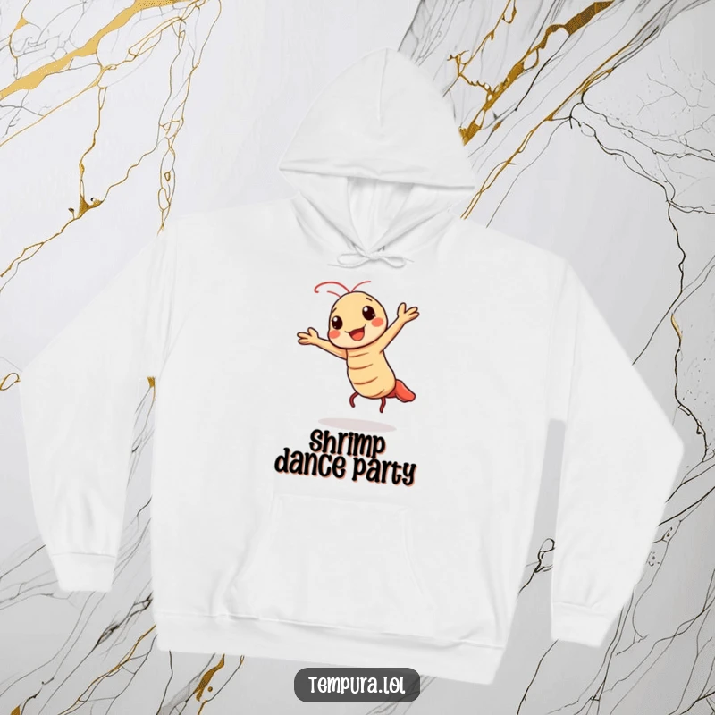 Funny hoodie featuring a Kawaii tempura shrimp character doing a cheerful, energetic dance.