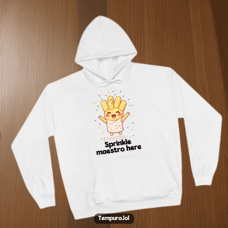Funny hoodie showcasing a happy tempura character juggling colorful sprinkles, perfect for a cozy and humorous gift for loved ones.