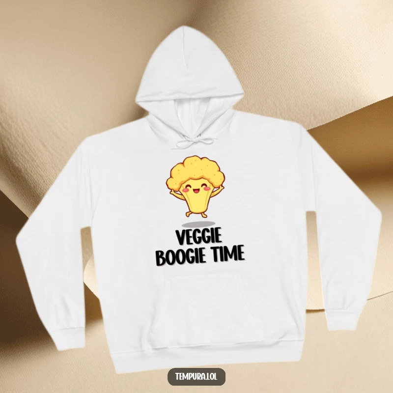 Funny hoodie featuring a smiling tempura broccoli character dancing energetically on small legs, radiating healthy fun and charm.