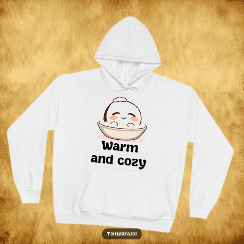 Funny smiling sushi with eyes closed, enjoying a warm bath, a warm and humorous hoodie for relaxation lovers.