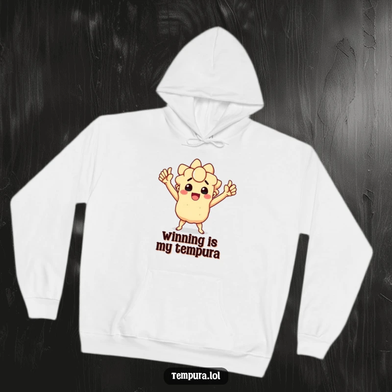 Funny hoodie showcasing a triumphant tempura character in a powerful, heroic pose, radiating victorious energy.