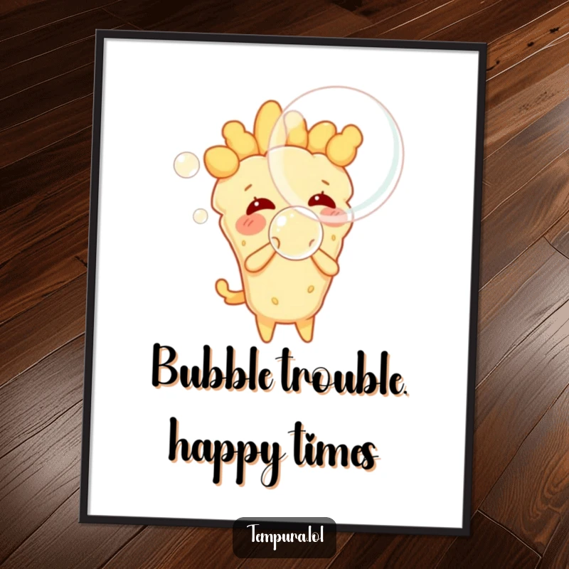 Funny free printable wall art depicting a quirky tempura character joyfully blowing a massive, shimmering bubble, adding a whimsical touch to any room.