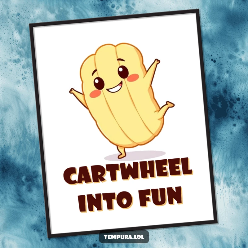 Funny Free Printable Wall Art: Kawaii tempura character doing a cartwheel with a huge grin, bringing playful, downloadable humor to decor.