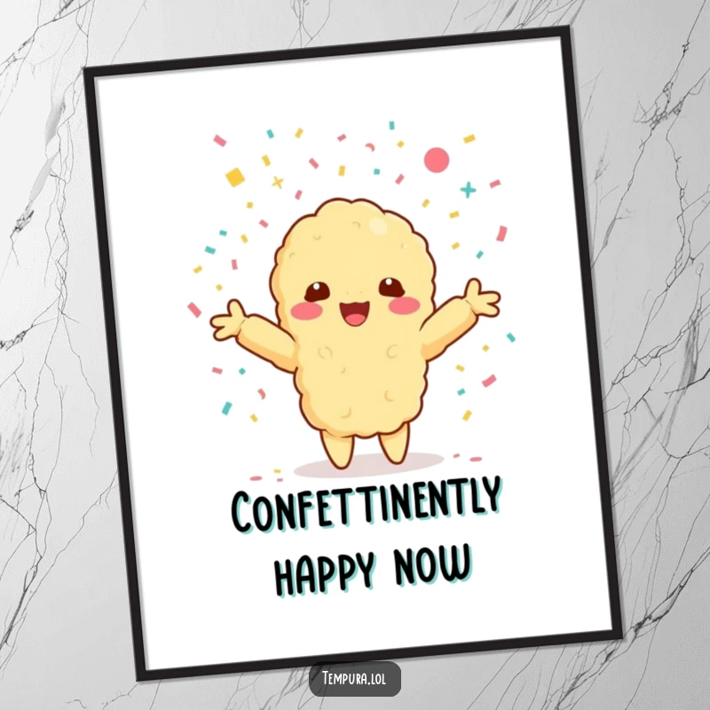 Funny Free Printable Wall Art: Kawaii Tempura Shrimp Character Embracing a Shower of Confetti