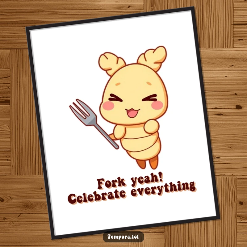 Funny Free Printable Wall Art showcasing a tempura shrimp character winking mischievously, holding a tiny fork.