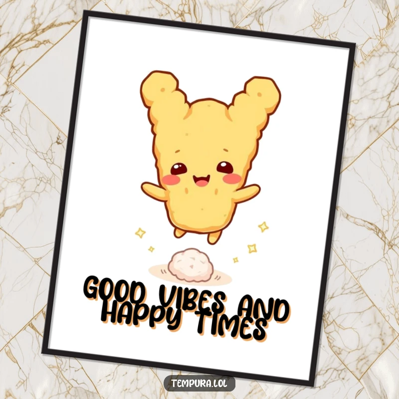 Funny Free Printable Wall Art of a tempura character joyfully bouncing a tiny, sparkling rice ball, adding a pop of fun.