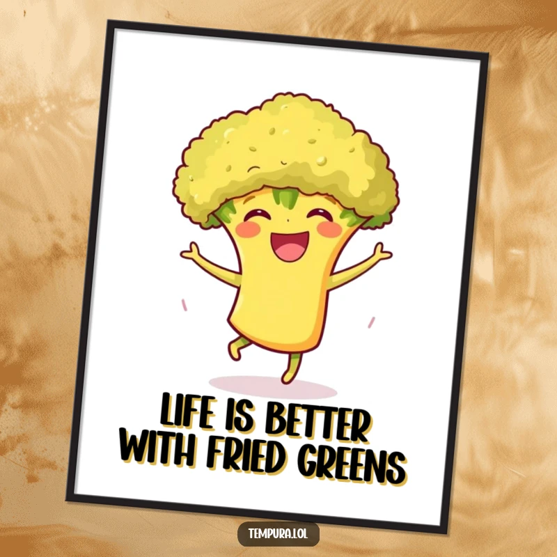 Funny Free Printable Wall Art of a grinning tempura broccoli character performing a joyful, energetic dance.